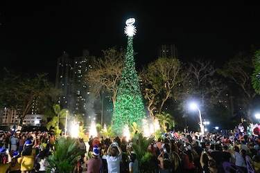 Cientos de personas asisten al encendido del árbol navideño en el parque Omar
