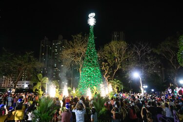 Cientos de personas asisten al encendido del árbol navideño en el parque Omar