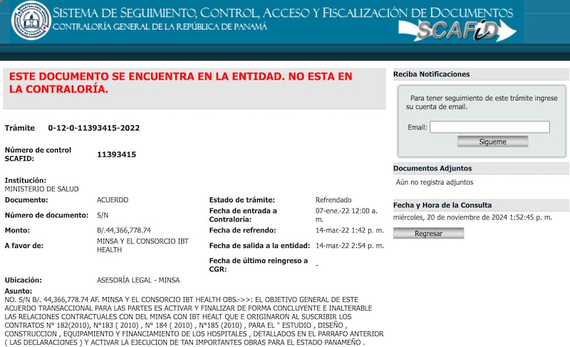 Para poner fin a su relación con IBT, el Minsa desembolsó $44.3 millones. El pago fue refrendado por el contralor Gerardo Solís el 14 de marzo de 2022.