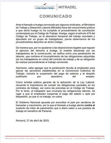 Mitradel: la huelga en la construcción es ilegal y puede provocar sanciones como despidos