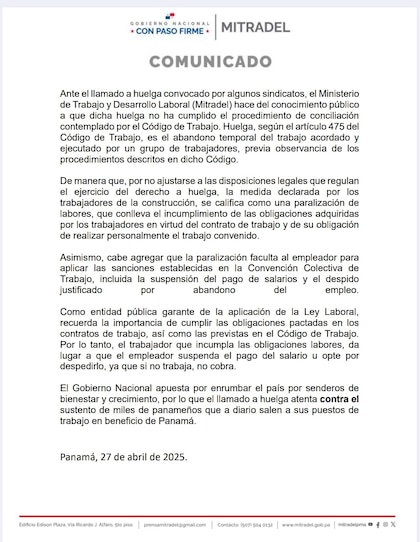 Mitradel: la huelga en la construcción es ilegal y puede provocar sanciones como despidos