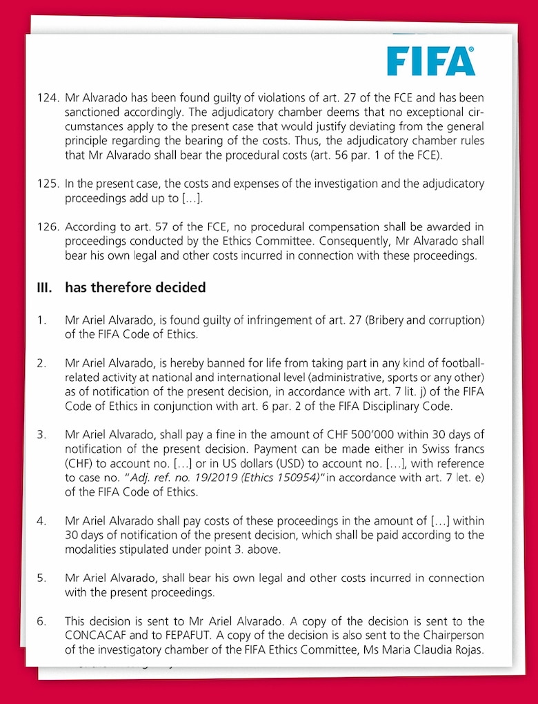 FIFA declara culpable Alvarado por corrupción