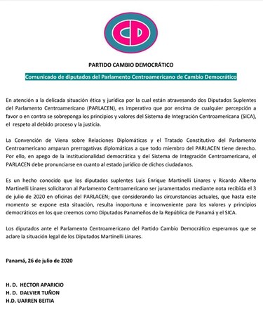 Tres diputados de cinco de CD en el Parlacen consideran ‘inoportuna e inconveniente’ la juramentación de Ricardo y Luis Martinelli Linares