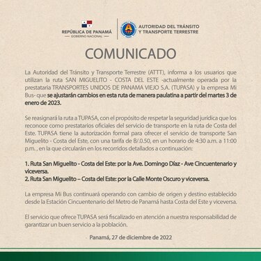 A partir del 3 de enero hay cambios en la ruta San Miguelito a Costa del Este