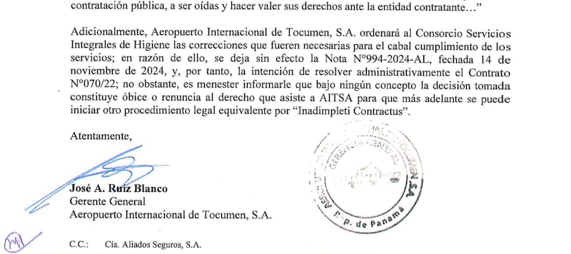 El intento por resolver administrativamente el contrato con Hombres de Blanco terminó en fracaso. El gerente general de AITSA, José Ruiz, desistió y llegó a “un acuerdo mutuo” para concluir la relación.