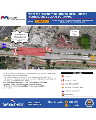 Anuncian cierres parciales de vías en Amador y Balboa a partir del lunes 28 de septiembre
