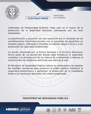 Trasladan a 29 reos de alta peligrosidad a centro penitenciario en isla Coiba