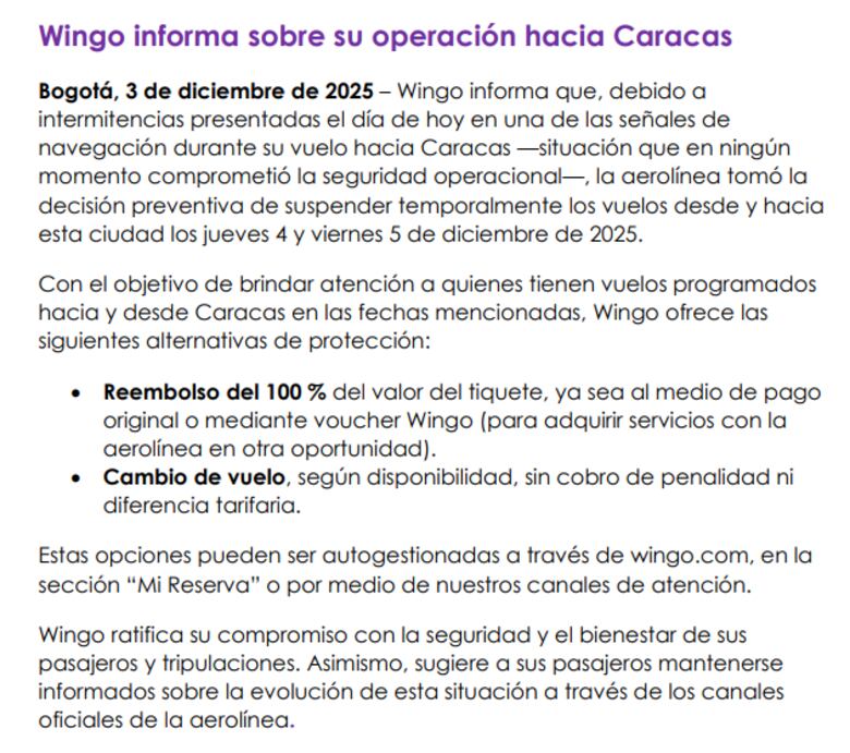 Wingo también cancela los vuelos a Venezuela