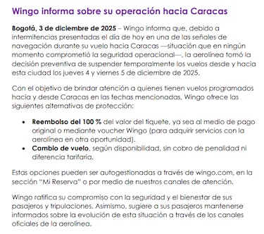 Wingo también cancela los vuelos a Venezuela