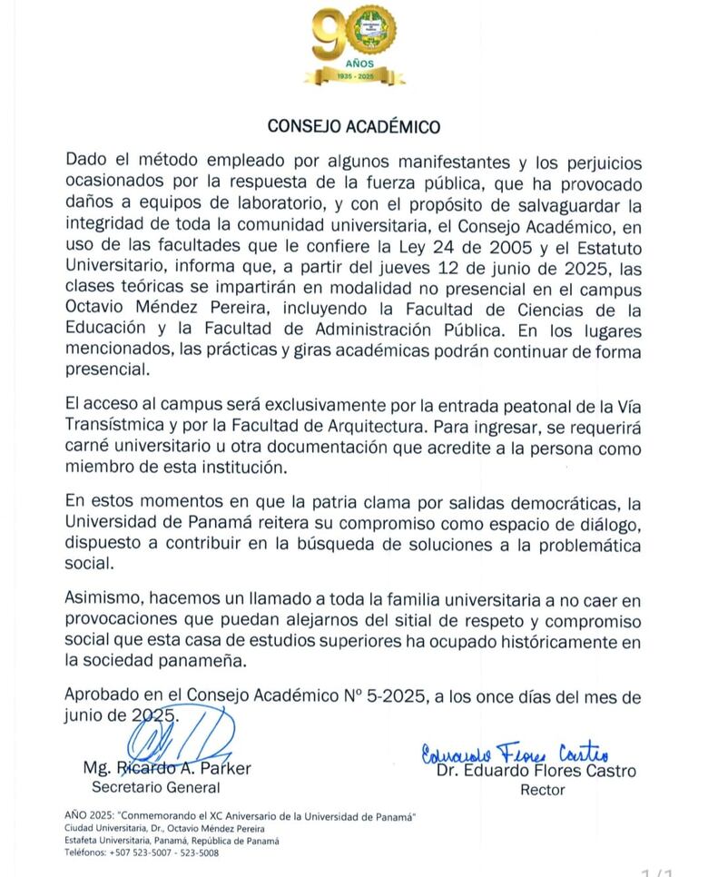 Universidad de Panamá suspende clases presenciales en el campus debido a protestas