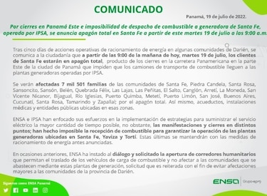 Por la falta de combustible suspenden operaciones dos plantas generadoras de energía en Darién