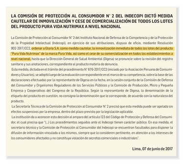 Perú prohíbe venta de ‘leche’ Pura Vida