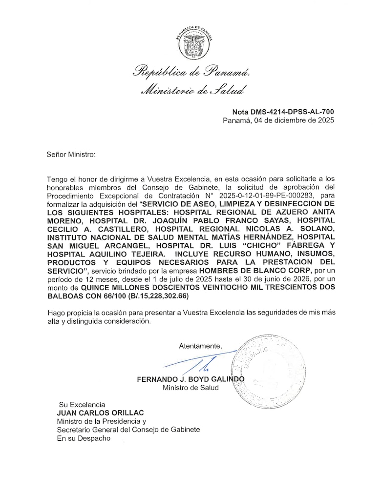 El Minsa pide al Gabinete aprobar contratación directa de Hombres de Blanco