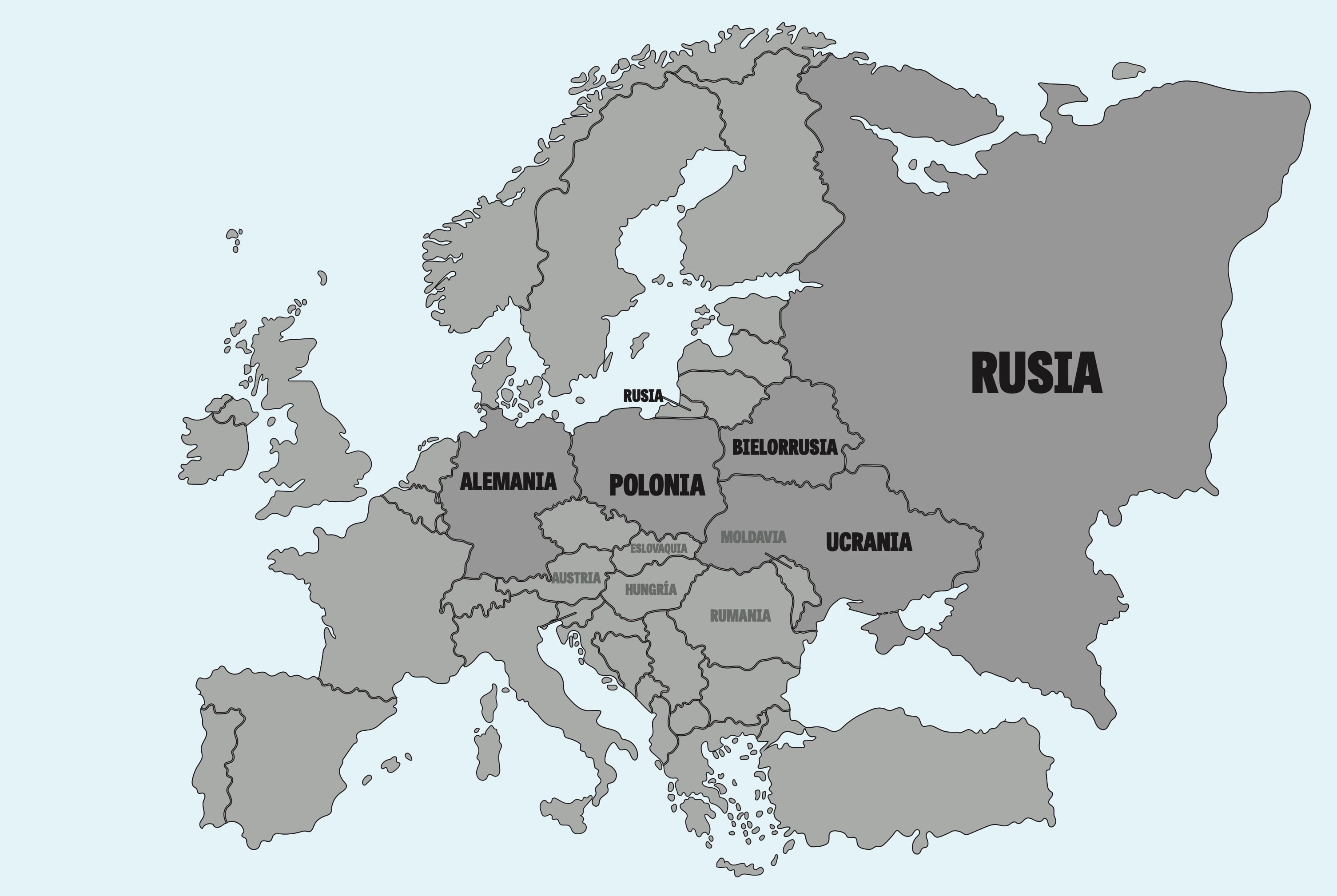 Mapa de Europa mostrando Alemania, Polonia, Bielorrusia, Ucrania y Rusia