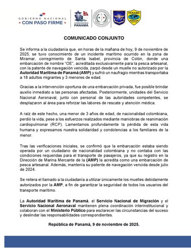 Naufraga lancha con migrantes en la costa arriba de Colón; se reporta la muerte de una menor