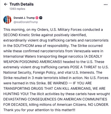 Estados Unidos ataca segunda embarcación con supuestos narcotraficantes venezolanos, anuncia Trump