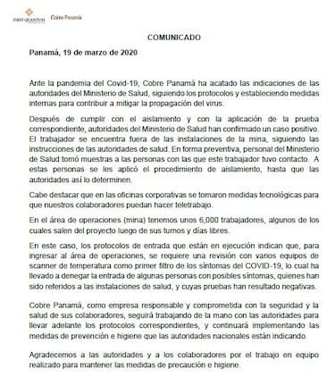 Minsa ordena cerco sanitario en Minera Panamá tras caso de coronavirus