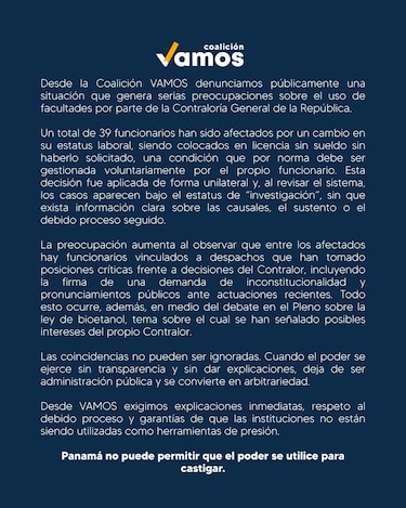 Diputados de Vamos acusan al contralor Flores de represalias al dejar sin salario a 39 funcionarios