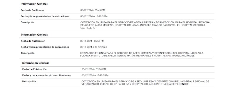 Estas son las publicaciones de las cotizaciones en línea que hizo el Minsa el 6 de diciembre pasado. Obsérvese la hora de publicación y el servicio que se contratará.