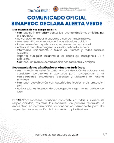 Sinaproc declara alerta verde en Panamá por la influencia indirecta de la tormenta tropical Melissa