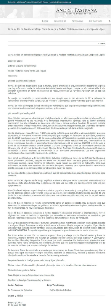 Expresidentes de Bolivia y Colombia piden a Leopoldo López suspender huelga