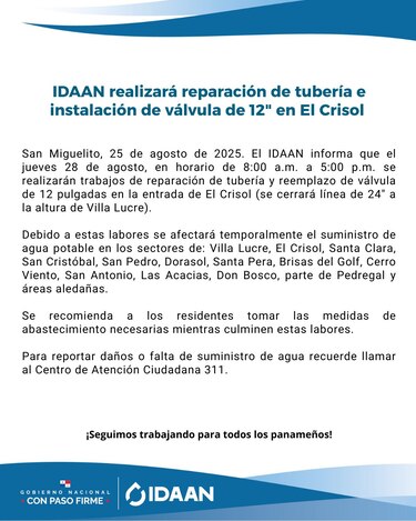 Idaan realizará trabajos de reparación en El Crisol y anuncia suspensión temporal de agua en varios sectores