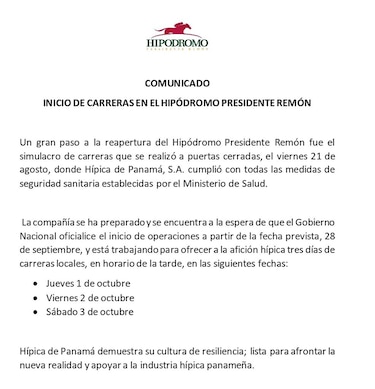 Hipódromo se prepara para reanudar las carreras el 1 de octubre