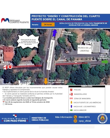 Anuncian cierres parciales de vías en Amador y Balboa a partir del lunes 28 de septiembre