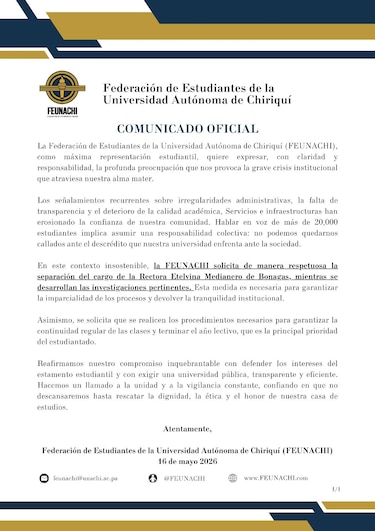 Federación de estudiantes de la Unachi exige separación de Etelvina Medianero
