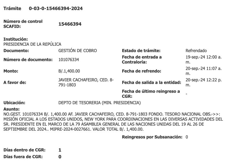 Constancia del trámite realizado a lo interno de Contraloría, para el pago del viático a favor de Javier Cachafeiro. Información tomada de www.contraloria.gob.pa