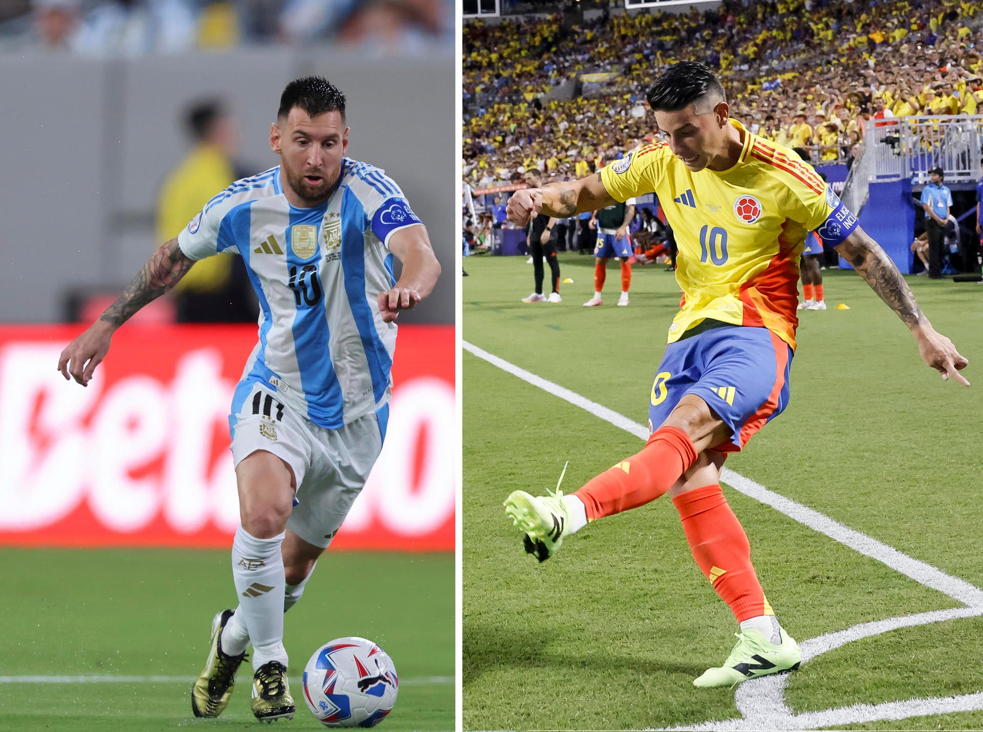 Lionel Messi y James Rodríguez, capitanes y estrellas de las selecciones argentina y colombiana. EFE/EPA