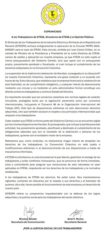 El sindicato de Etesa se negó a suspender la fiesta de Navidad, porque eso sería un ‘atropello’ a sus derechos