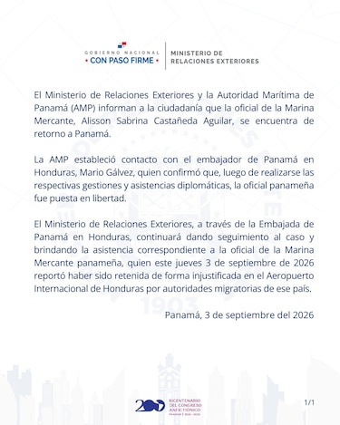 Oficial de marina mercante panameña es liberada tras ser retenida en Honduras en condiciones inhumanas