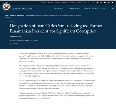Estados Unidos señala a Juan Carlos Varela por ‘corrupción significativa’