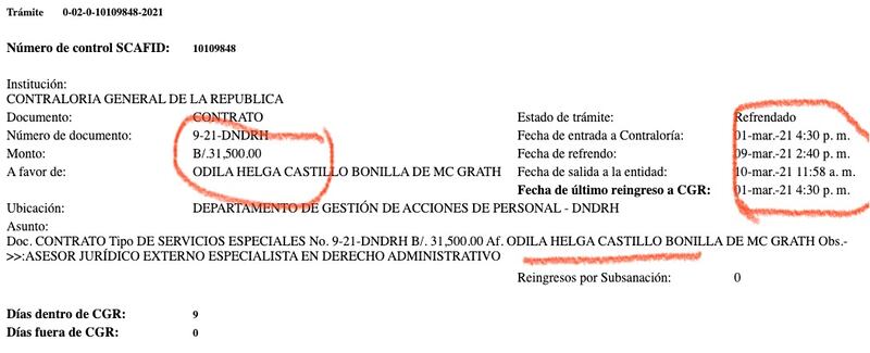 Esta imagen corresponde a la gestión de un contrato de más de $30,000 en la Contraloría a favor de Odila Castillo. Obsérvese las fechas. Imagen obtenida del sitio web de la Contraloría