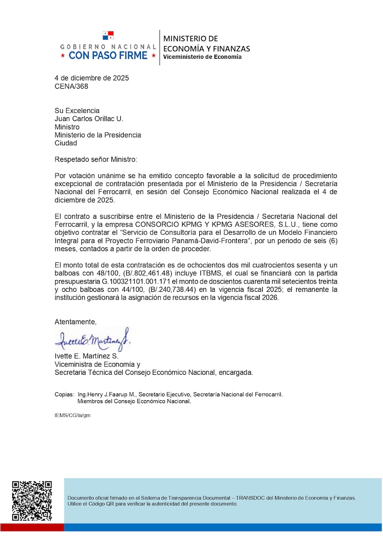 Gobierno avala contrato por $802 mil para la consultoría del modelo financiero del tren Panamá–David