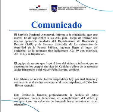 Encuentran sin vida a dos tripulantes del helicóptero accidentado en Coclesito; sigue la búsqueda del tercer pasajero