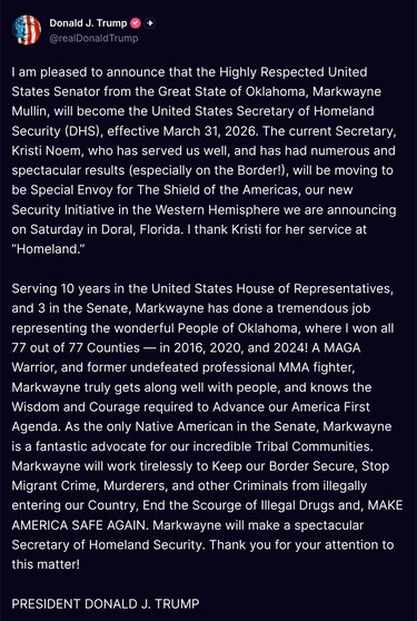 Kristi Noem dejará Seguridad Nacional; Donald Trump designa al senador Markwayne Mullin