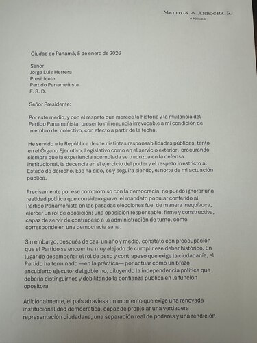 Melitón Arrocha renuncia al Partido Panameñista y cuestiona su rol como oposición