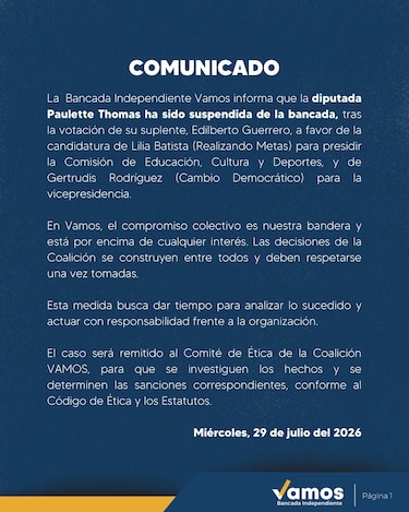 Bancada Vamos suspende a Paulette Thomas; Juan Diego Vásquez: ‘No voy a patrocinar acuerdos personales’