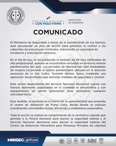 Trasladan a 29 reos de alta peligrosidad a centro penitenciario en isla Coiba