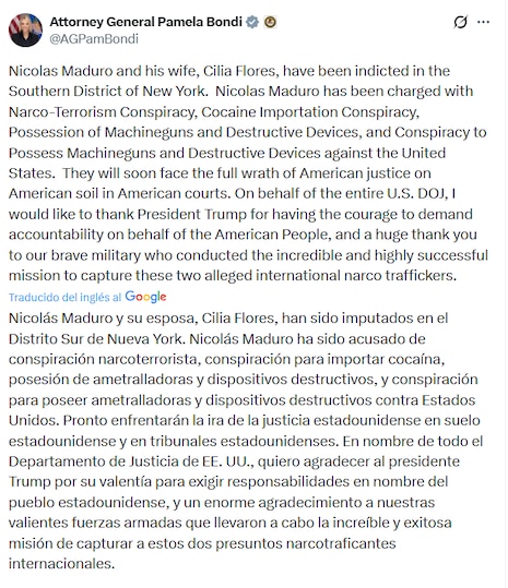 Fiscal general de Estados Unidos anuncia cargos contra Nicolás Maduro y Cilia Flores