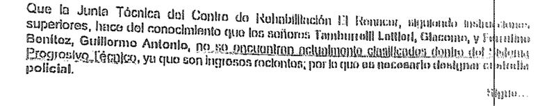 Extracto del Acta del 2 de diciembre de 2024, en el que la Junta Técnica de El Renacer autoriza el permiso de salida especial a favor de Giacomo Tamburrelli y Guillermo Ferrufino.