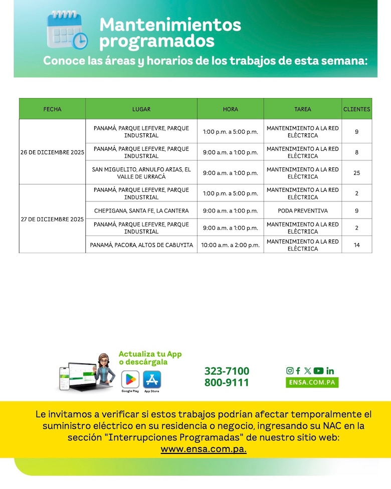 ENSA informa los mantenimientos programados del 22 al 27 de diciembre de 2025