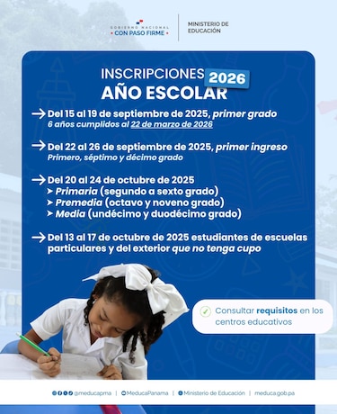 Matrículas 2026: el Meduca anuncia fechas clave para la inscripción de estudiantes