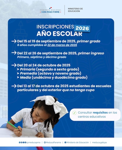 Matrículas 2026: el Meduca anuncia fechas clave para la inscripción de estudiantes