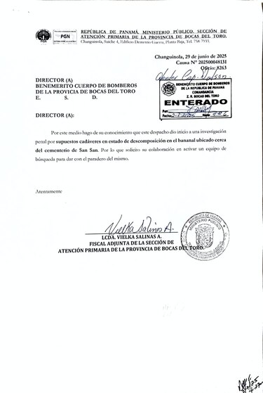 Fiscalía recibe denuncia de presuntos cadáveres en un bananal de San San, Bocas del Toro; abre investigación