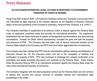 CK Hutchison actualiza su arbitraje y alega que Panamá ‘ignora’ sus reclamos