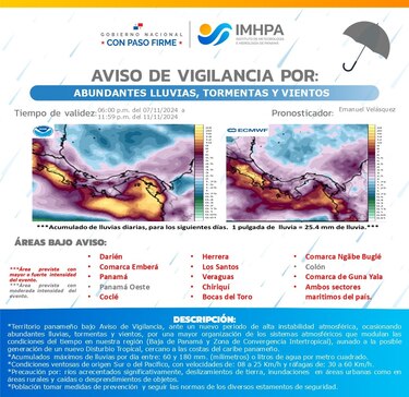 Imhpa advierte sobre lluvias intensas y tormentas en Panamá hasta el lunes