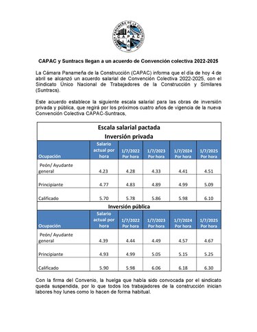 Capac y Suntracs llegan a un acuerdo sobre convenio colectivo
